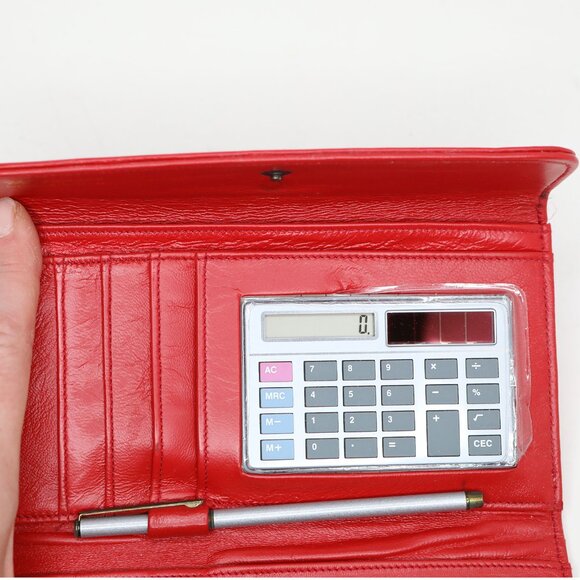 Vintage Merangue Red Genuine Leather Bifold Wallet with Calculator & Pen Retro - Picture 7 of 11